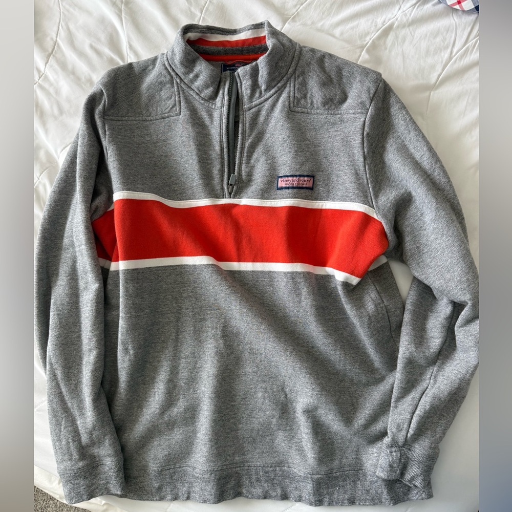 Vineyard Vines Gray Quarter-Zip Pullover with Orange Stripe